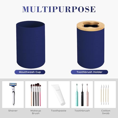 4 PCS Navy Blue Bathroom Accessories Set, Includes a Soap Dispenser, Toothbrush Holder, Soap Dish and Mouthwash Cup, Plastics & Bamboo Bathroom Set, Bohemian Style Bathroom Sink Set - color: Navy Blue, size: 4 PCS