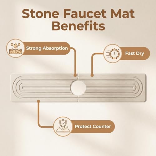 Stone Faucet Mat for Kitchen Sink, Diatomite Absorbent Stone Drying Mat for Bathroom Counter Quick Drying, Sink Splash Guard For Avoid wet Buildup Sink (White, 23.6" x 3.9")
