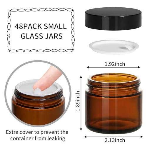 KEYWING 2oz Small Glass Jars with Black Lids, 48 Pack Amber Glass Cosmetic Jars, Round Empty Sample Container with Inner Liners for Lotions, Cream, Powders and Ointments - color: Amber, size: 2oz-48Pack