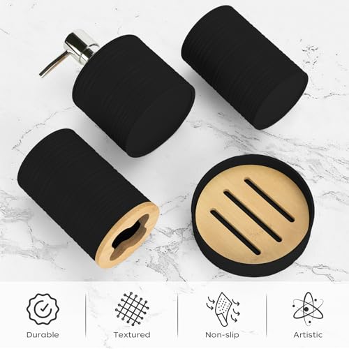 4 PCS Black Bathroom Accessories Set, Includes a Soap Dispenser, Toothbrush Holder, Soap Dish and Mouthwash Cup, Plastics & Bamboo Bathroom Set, Bohemian Style Bathroom Sink Set - color: Black, size: 4 PCS