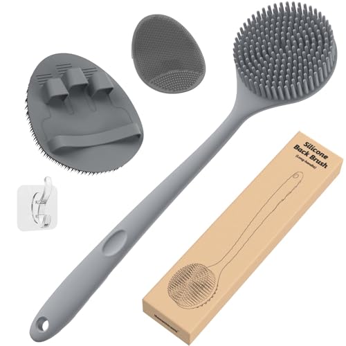 Manmihealth Silicone Back Scrubber (Thick Bristles) & Bath Glove & Face Brush Set (3PCS), Super-Exfoliating & Lathering Body Scrubber, Shower Brush, Face Scrubber Combination, with a Free Hook (Gray) - color: Gray, size: Thick Bristles Set