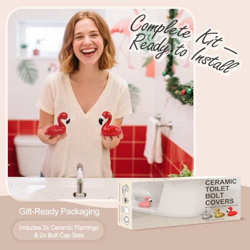 Ceramic Flamingo Toilet Bolt Covers Decorative, Red Bathroom Decor, 2 Pack | Bolt Hole 1.18'', Covers Unsightly Toilet Bolts, Bathrooms Screw Covers, Gifts for Women - style: Red Flamingo