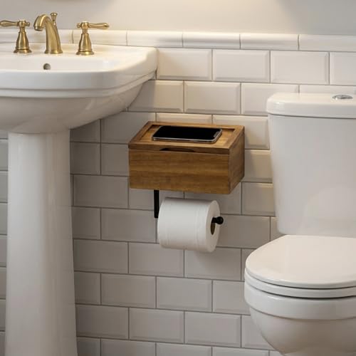 MyGift Mid-Century Modern Solid Acacia Wood Wall Mounted Toilet Paper Holder with Wet Wipes Dispenser and Storage Shelf Tray, Bathroom Organizer