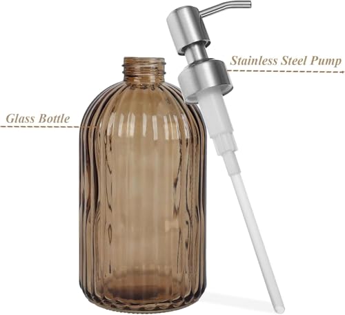 14Oz Brown Soap Dispenser Bathroom - 2 Pack, Clear Glass Hand Soap Dispensers with Stainless Steel Pump, Refillable Dish Soap Dispenser for Kitchen, Countertop Soap Dispensers - color: Brown（2-pack）