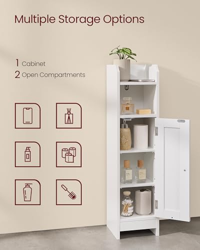 VASAGLE Small Storage Corner Floor Cabinet with Door, 7.9 x 7.1 x 31.5 Inches, Narrow Toilet Paper Storage Holder, Adjustable Shelves, for Bathroom, Living Room, Small Spaces, Cloud White UBBC310W01 - color: Cloud White, style: 1door+1open compartment (31