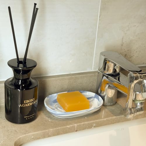 Ceramic Marble Pattern Soap Dish, Textured Raised Soap Saver Tray for Shower Bathroom Kitchen Sink Vanity, Easy to Clean Multi-Use Holder for Bar Soap Jewelry Rings Keys, Blue (1 Pack) - color: Blue