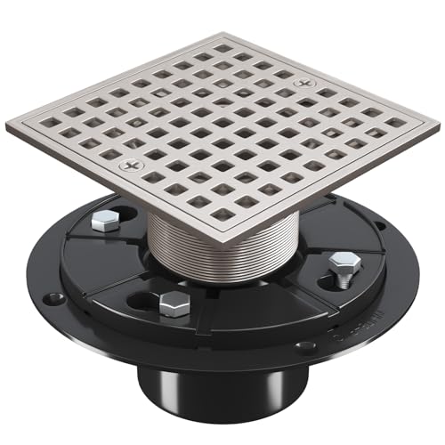 4 Inch Shower Floor Drain with Flange - Square Shower Drain with Hair Strainer - Removable Grid Strainer Cover - SUS304 Stainless Steel - Brushed Nickel - color: Brushed Nickel