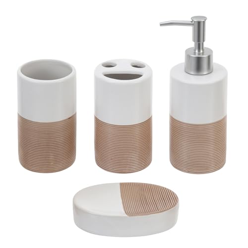MyGift 4 Pcs Soap Dispenser and Toothbrush Holder Set, Ceramic Bathroom Accessories Set, Soap Dish, Pump Dispenser, Tumbler Cup, Dual Tone White with Clay Stripe