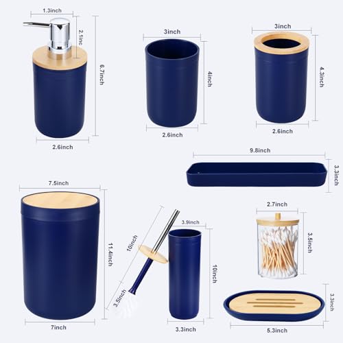 iMucci Bathroom Accessories Set Navy Blue Bathroom Decor Sets with Trash Can,Toilet Brush,Toothbrush Holder, Lotion Soap Dispenser, Soap Dish,Toothbrush Cup,Vanity Tray,Qtip Holder - size: Bath Set, style: Navy Blue