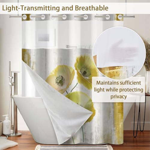 No Hook Floral Shower Curtain and Liner Set 71x74inch | Spring Yellow Poppy Flower Pattern, Modern Waterproof Fabric Bath Tub Curtain for Farmhouse Bathroom, Breathable Mesh Top - color: Yellow 04