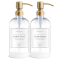 Vine Creations Clear Glass Soap Dispenser, 2 Pack Kitchen Soap Dispenser Set with Stainless Steel Pump, 16 oz Dish Soap and Hand Soap Dispensers for Bathroom with Waterproof Labels - color: Clear Bottle / Brushed Brass Pump