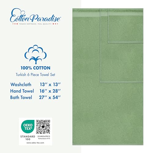 Cotton Paradise Towel Set of 6, 2 Bath Towels, 2 Hand Towels and 2 Washcloths Towels for Bathroom Sets, Green - color: Sage Green, size: 6 PC SET (27x54" + 16x28" + 13x13")
