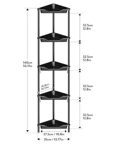 Orimade Rustproof 5 Tier Floor Standing Corner Shower Caddy Organizer, Plastic Aluminum Splicing Floor Corner Shelf Rack Stands for Bathroom, Black - color: Black, size: 5 Tier
