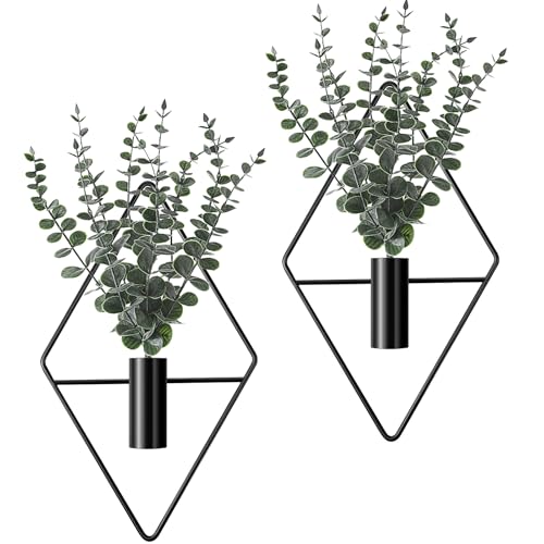 Jexine 4 Pcs Hanging Planters with Artificial Eucalyptus Metal Hanging Vase Indoor Plants Holder Modern Geometric Boho Bathroom Wall Decor for Living Room Home Office(Black) - color: Black, size: Eucalyptus