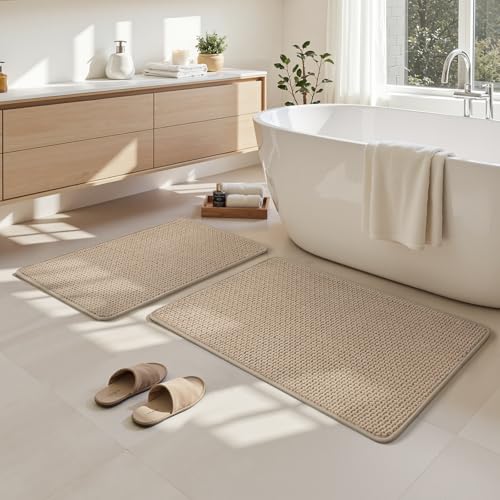 HOMEIDEAS Bathroom Rugs Set 2 Piece, Ultra Thin Non-Slip Bath Mats Rubber Backed, Chenille Absorbent Quick Dry Mats, Boho Bathroom Rugs, Low Profile Fits Under Door (Beige, 32"x20"+24"x17") - color: Beige