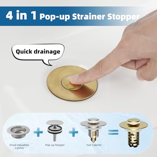 iFealClear Upgraded 4-in-1 Bathroom Sink Drain Strainer, Universal Pop Up Sink Stopper with 2-Layer Detachable Hair Catcher Filter Basket, Drain Stopper Fit 1.1"-2.36" US Basin, Brushed Gold - color: Brushed Gold