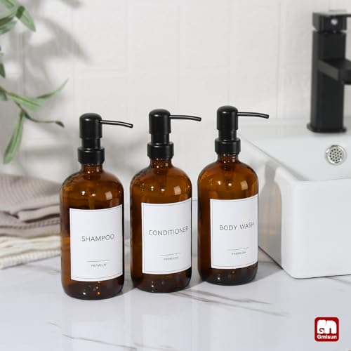 GMISUN Shampoo and Conditioner Dispenser, 3 Pack Amber Glass Bathroom Shampoo Conditioner Body Wash Dispenser with Pump for Shower, 17 Fl Oz Hand Soap Dish Soap and Lotion Dispenser Set for Kitchen - color: Amber Bottle + Black Pump, size: 3 Pack