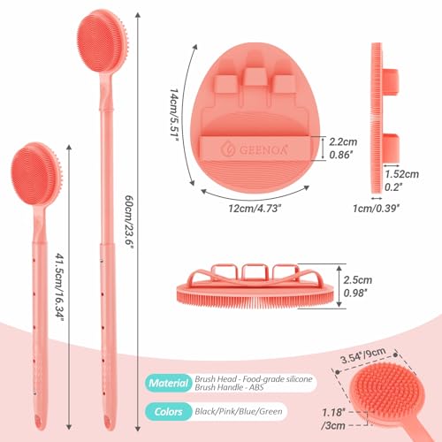 Soft Silicone Back Scrubber & Bath Glove 2PCS, 16''- 24'' Extendable Back Scrubber with Dual-Side Head, 360° Anti-Slip & Hand-fit Silicone Body Scrubber for Rich Foaming Deep Cleaning(Pink) - color: Pink*2