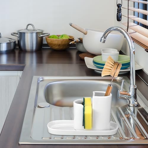 Geelin 3 in 1 Ceramic Kitchen Sink Caddy Dish Sponge Holder Scrub Brush Holder and Soap Tray for Kitchen Organizer White Rustic Farmhouse Supplies(White) - color: white