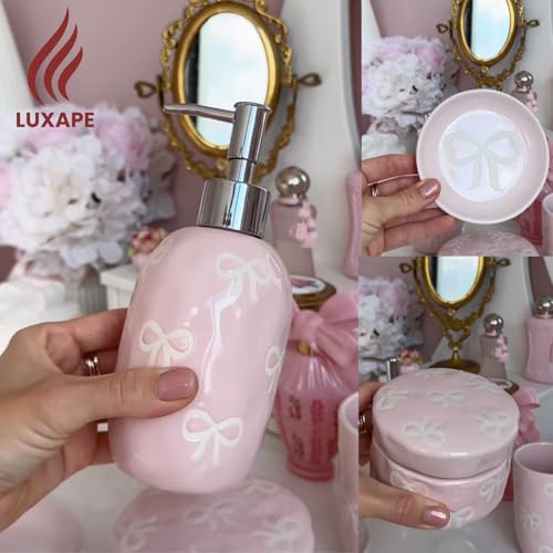 Bow Bathroom Set, 4 Pcs Ceramic Bathroom Accessory Sets - Soap Dispenser, Tumbler Toothbrush Holder, Vanity Soap Tray, Cotton Swab Jars - Pink Bathroom Decor Gift for Her (Pink) - color: Pink
