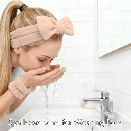 7 Pcs Spa Set, Facial Headband and Wristband Set, Skincare Accessories, College Style Girl Idea Gifts, Hair Accessories for Women and Girls（Brown） - color: Brown