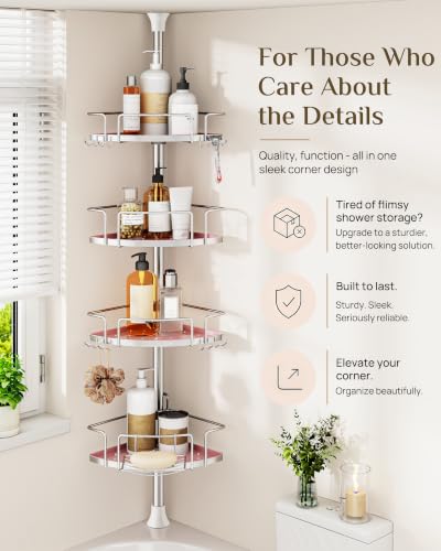 ALLZONE Corner Shower Caddy Tension Pole, 4 Hang-On Basket with Mixed-Height Shelves for Various Bottle Sizes, Extra Hooks & Soap Holder, Rustproof Stainless Steel, Fits 34–116 Inch, Silver/Pink - color: Silver/Pink