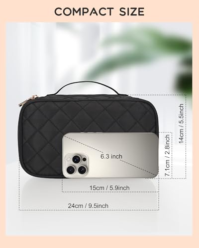 Relavel Small Makeup Bag, Travel Makeup Bag, Cosmetic Bag for Women, 2 Layer Makeup Organizer, Black Make Up Pouch Waterproof, Makeup Brush Holder, Durable Zipper (Black) - color: 01-Black, size: MEDIUM