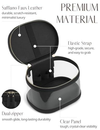 Popvibe Travel Makeup Bag Clear Compact Make Up Vanity Case with Brush Storage and Top Handle, Toiletry Makeup Case Traveling Leather Cosmetic Bag, Portable Medium Large Sized Train Case, Black - color: Black, style: Train Case