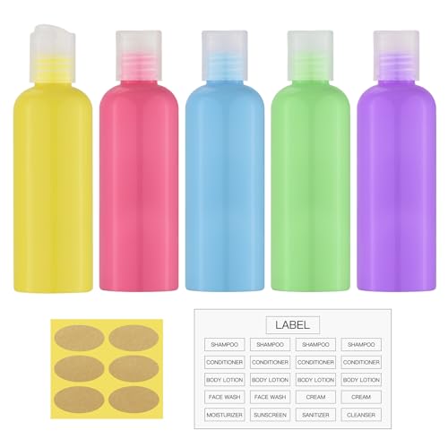Travel Bottles for Toiletries 3.4 oz - Travel Size Containers for Shampoo Plastic - Small Empty Lotion Squeeze Bottle for Liquid TSA Approved - Leak Proof Mini Conditioner Refillable 5Color 100ml - color: 5Colors