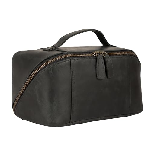 KomalC Luxury Leather Men’s Toiletry Travel Bag – Handmade Shaving Kit with Waterproof Interior, Spacious Storage & Carry Handle – leather travel Kit Bag for Men & Women (Black) - color: Black