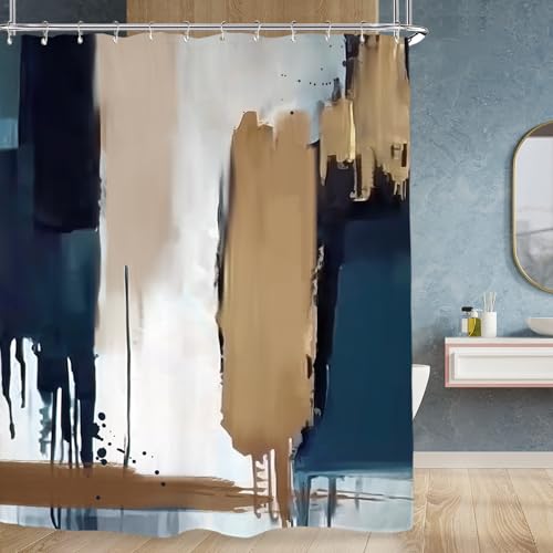 Miyotaa Abstract Blue Tan Modern Shower Curtain Set 60Wx71H Inches Contemporary Minimalist Neutral Brush Stroke Painting Art Waterproof Bathroom Curtain with 12 Hooks - color: Blue Tan Brushstroke, size: 60"W x 71"L (Pack of 1)
