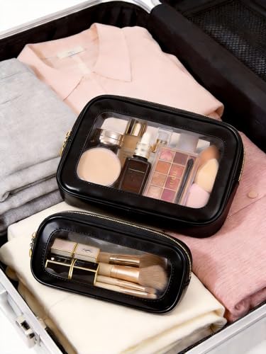 2Pcs Clear Makeup Bags Set, Clear Travel Makeup Brush Holder Leather Makeup Case Toiletry Bag with Zipper Portable Cosmetic Pouch Waterproof Makeup Brush Storage Bag Car Bag for Essentials - color: 2Pcs Black