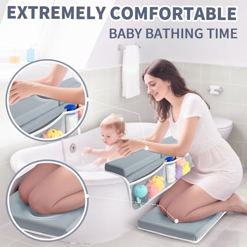 URMYWO Bath Kneeler and Elbow Rest Pad Set - 1.5" Thick Baby Bath Kneeler Pads with Toys Organizer, Anti-Slip Cozy Knee & Arm Support Bathtub Mat, Quick Dry Kneeling Pad for Baby Bath Time - color: Grey