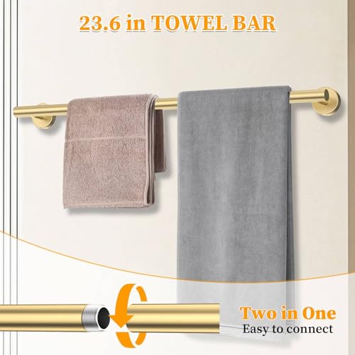 Brushed Gold Towel Bar Set 5 Pieces Round Bathroom Hardware Set Includes 23.6in Towel Bar Towel Ring Toilet Paper Holder Towel Hooks Stainless Steel Wall-Mounted Bathroom Towel Holder Set - color: 5pcs Brushed Gold