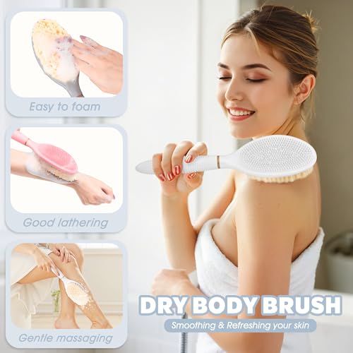 Foot Brush & Back Scrubber Set, 27.5'' Adjustable Foot Scrubber for Shower, 18.9'' Shower Back Scrubber with 3-Length Usage, Great Aid for People with Limited Mobility(White Set) - color: White+back Scrubber