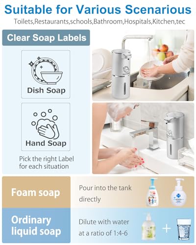 Automatic Foaming Soap Dispenser,4-Level Adjustable Foam, Wall Mount, USB Rechargeable,12.8oz/ 380ml,Touchless Hand & Dish Soap Dispenser for Bathroom, Kitchen,Hotel, Restaurant - color: Silvery