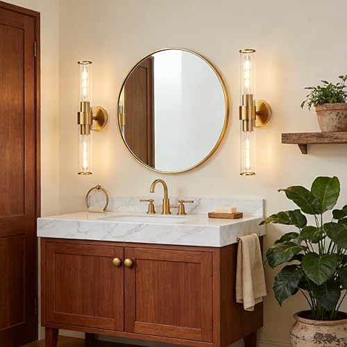 Gold Wall Sconce 2 Pack Hardwired, Bathroom Light Fixtures Clear Glass Featuring Two E26 sockets, Vanity Lights Fixtures for Bathroom, Dimmable - Bulb Not Included, UL Certification - color: Gold Clear Glass-2Pack
