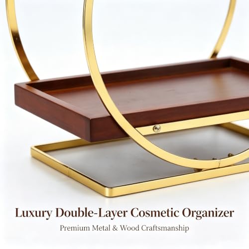 2-Tier Bathroom Counter Organizer, Wood Bathroom Organizer for Vanity Makeup Skincare Cologne Storage, Bamboo Perfume Organizer for Dresser, Countertop Shelf for Bathroom Kitchen, Gold & Brown - color: Gold and Wood