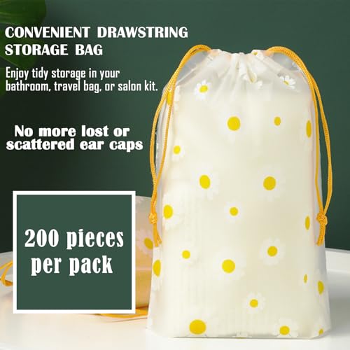 200 Pack Disposable Waterproof Ear Covers for Shower & Hair Dye – Clear Plastic Ear Caps with Soft Elastic, One Size for Adults, with Drawstring Storage Pouch for Neat, Travel-Ready Carry