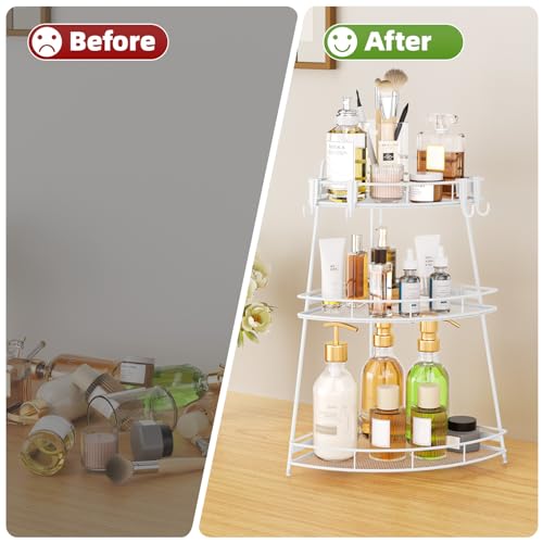 VITVITI 3 Tier Corner Bathroom Counter Organizer, Metal Bathroom Countertop Organizer Shelf Storage, Bath Room Sink Makeup Organizers for Vanity Skincare with Hooks, White - color: 3 Tier White