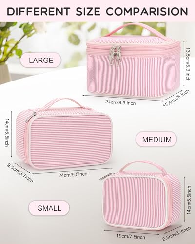 Relavel Large Makeup Bag, Portable Pink Cosmetic Bag for Girls, Dual-layer Makeup Pouch with Brush Holder, Multi-Functional Preppy Toiletry Organizer for Travel, Daily Use - Pink Strip - color: 01-Pink Strip, size: LARGE