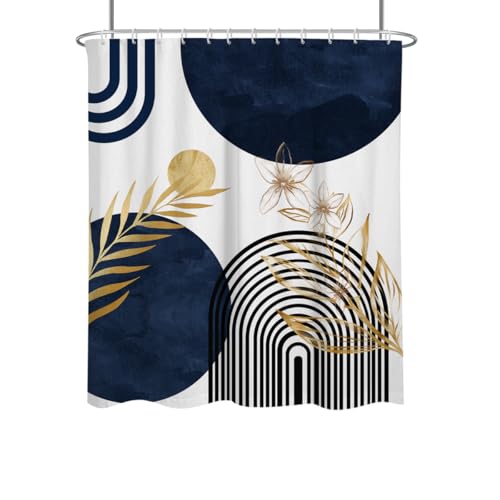 Blue and Gold Shower Curtain Abstract Boho Modern Mid Century Navy Geometric Neutral Contemporary Minimalist Leaves Botanical Fabric Cloth Bathroom Decor Set 60x72 inch Polyester 12 Hooks - color: Blue, size: 60"W x 72"L (Pack of 1)