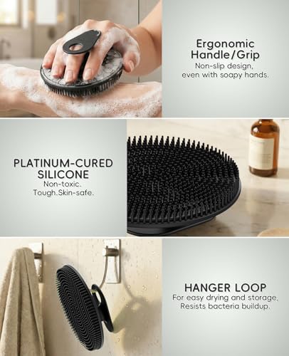 Soft Silicone Shower Brush Body Wash Bath Exfoliating Skin Massage Scrubber | 2 Pack Dry Skin Brushing Glove Loofah, Fit for Sensitive and All Kinds of Skin(Mint+Black) - color: Black+mint