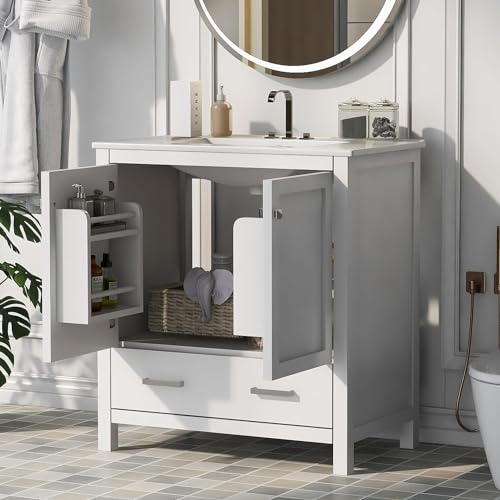 Linique 30" Modern Bathroom Vanity with Sink Combo Set, Solid Wood Frame Bathroom Storage Cabinet with 2 Soft Closing Doors and a Drawer, Multifunctional Storage, White - color: White