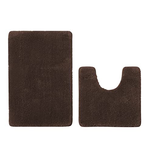 YHF Bathroom Rug Set 2Piece, Thick &Soft Microfiber Shaggy, U Shaped Contour, Machine Washable Bath Mats, Absorbent Bath Rugs, Non-slip Rubber Backing Bath Mat for Bathroom Floor, Tub and Shower,Brown - color: Brown, size: 2 Piece: 20" X 20" + 20" X 32" (