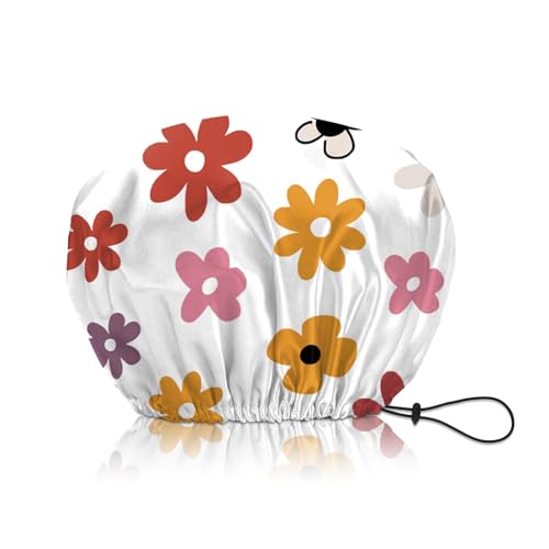 Shower Cap Adjustable Waterproof Double Layer Elastic Reusable Hair Bath Cap Cute Aesthetic for Women Girls-Floral Flower - color: R13-Floral Flower