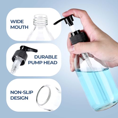8 oz Clear Glass Pump Bottle, 250ml Small Lotion Dispenser Bottle for Body Massage Oil, Refillable Empty Hand and Dish Soap Dispensers Set with Storage Caps, Labels - 2 Pack - color: Clear