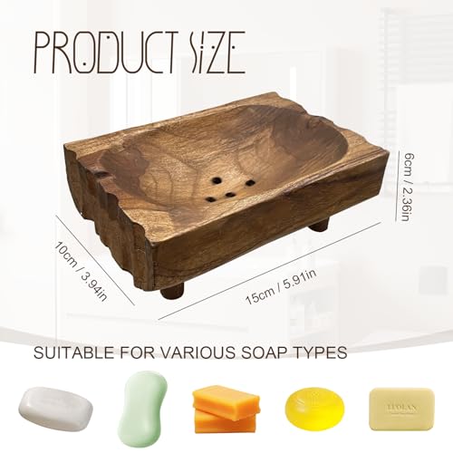 Natural Teak Wood Soap Holder, Automatic Draining Soap Tray with Drain Holes, Handmade Rustic Soap Dish & Countertop Soap Saver Stand for Bathroom and Kitchen