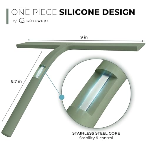 GÜTEWERK Silicone Shower Squeegee for Glass Doors & Mirrors with Stainless Steel Core, Streak-Free & No-Squeak Window Cleaning, 3-in-1 No-Drill Mount (Hook/Suction/Adhesive),Green, 9 Inches - color: Green, size: 9 Inches