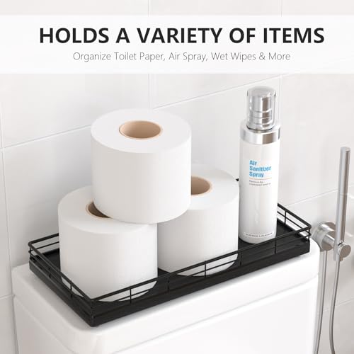 Toilet Paper Basket Organizer, Oak Wood Toilet Tank Tray with Metal Frame | Bathroom Counter Top Storage for Toilet Paper, Wipes & Decor, Modern Narrow Back of Tank Shelf Organizer, Black - color: Black, size: 13" x 6.5" x 2"